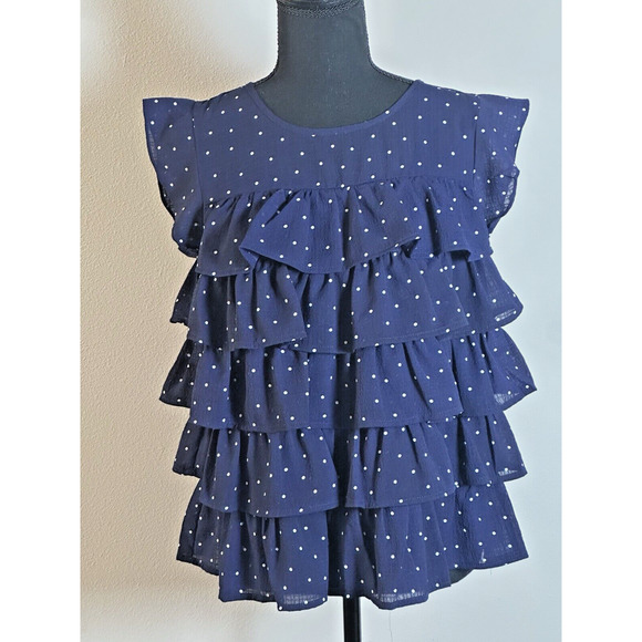 Skies Are Blue Tops - Women's Sleeveless Polka Dot Ruffle Top Summer Polka Dot Top Size Small
